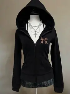 Women's Zipper Hooded Jacket, Fitted, Campus Style, Simple Basic Design, Youthful Holiday Casual Fashion, Trendy Sportswear, Versatile Leopard Bow Print