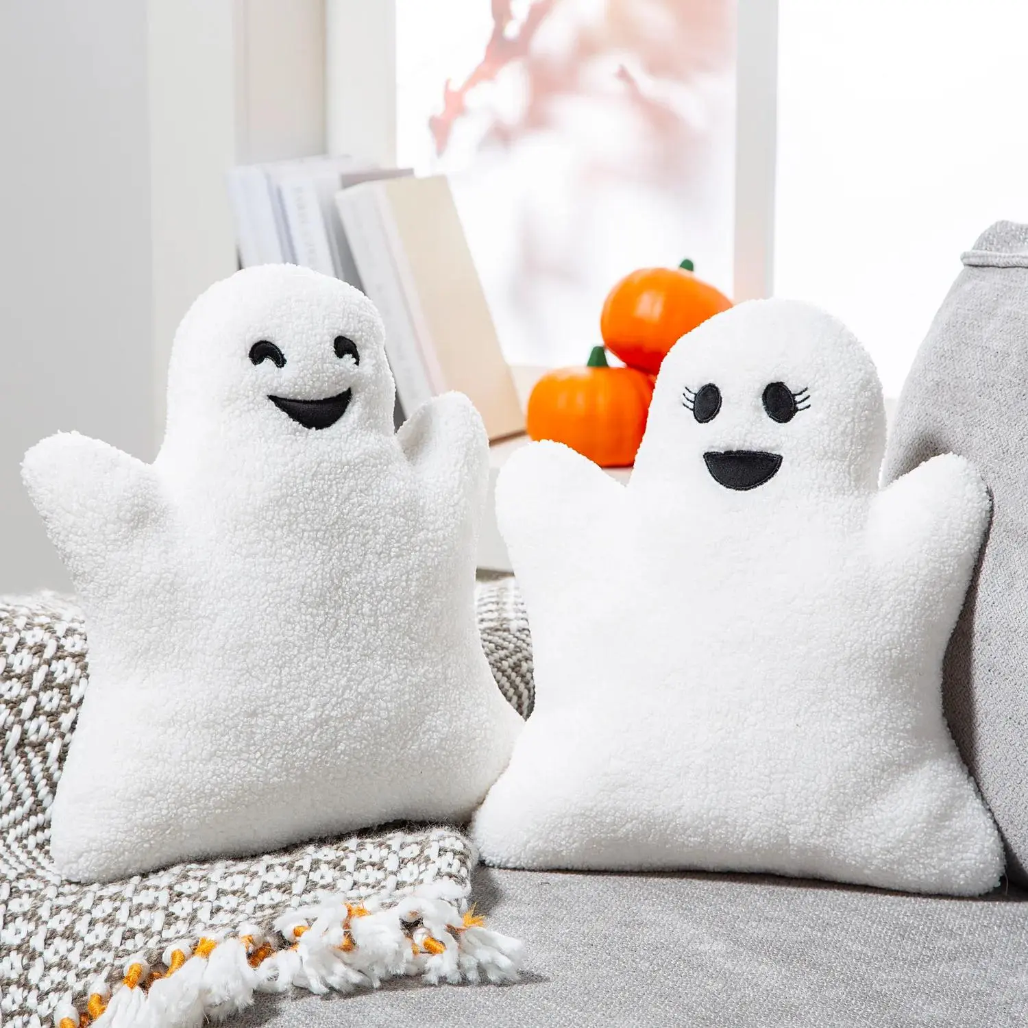 11 3/4" x 13 3/4" Halloween Fuzzy Polyester Ghost Pillows Set - 2 Pc.