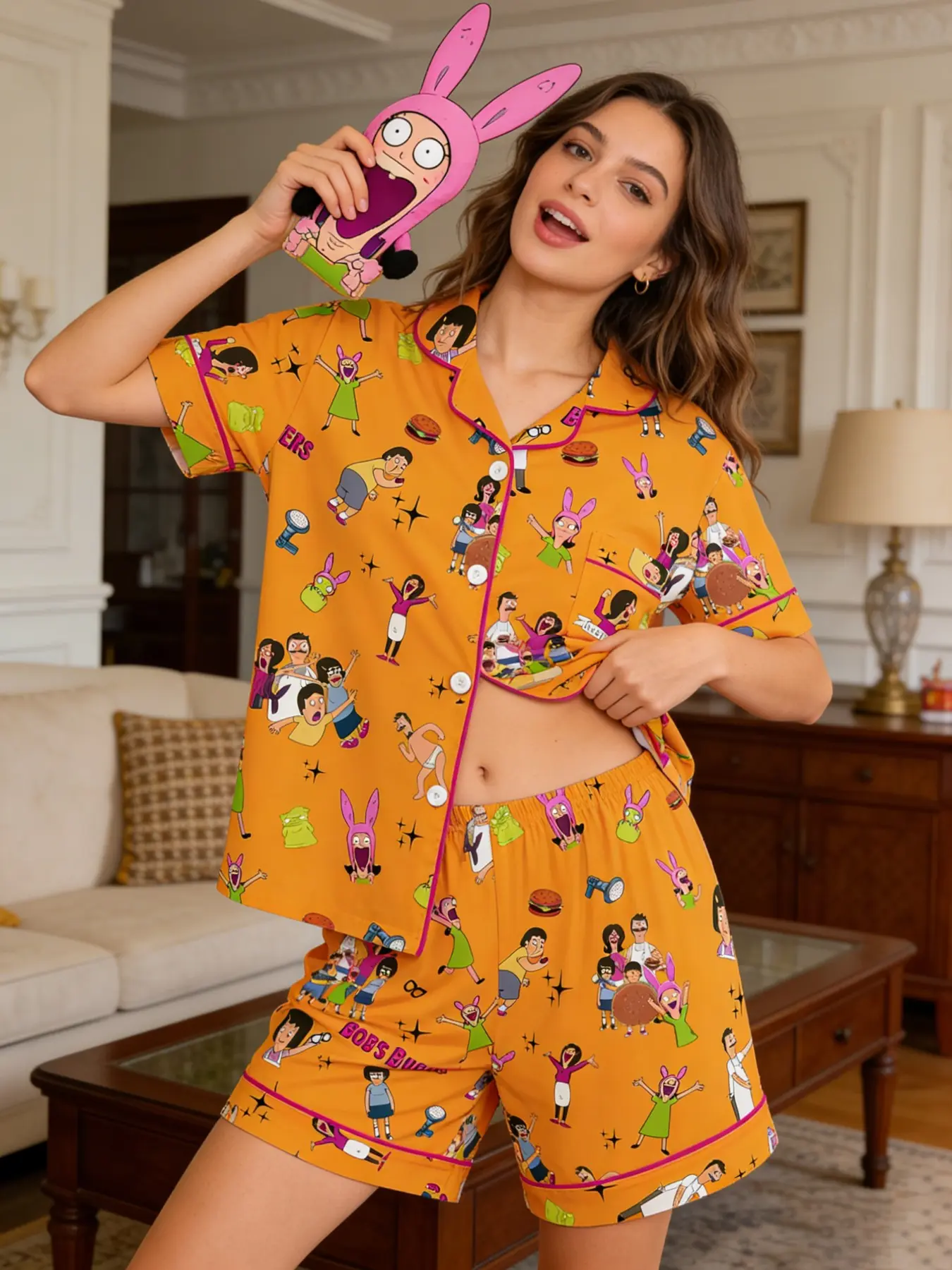 Women's Bobs Burgers Family Cartoon Print Fitted Pajama Set, Two-Piece Button-Up Top and Shorts, Casual Homewear, Loungewear, Pajamas Lounge Set, Lounge Pj Set, Comfortable Wear-Anywhere Sleepwear, Lounge Pajama Style