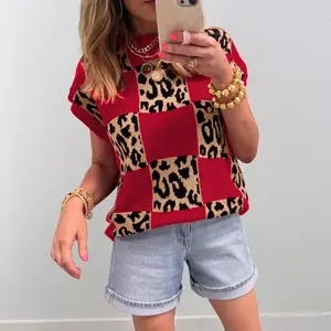 Women's leopard print top, round neck checkerboard style short sleeved knitted sweater vestRAIMENTRY