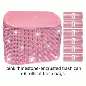 Rhinestone Car Trash Can with 6 Garbage Bags, Automatic Cover Hanging Storage Box, Multifunctional Car Accessory for Girls