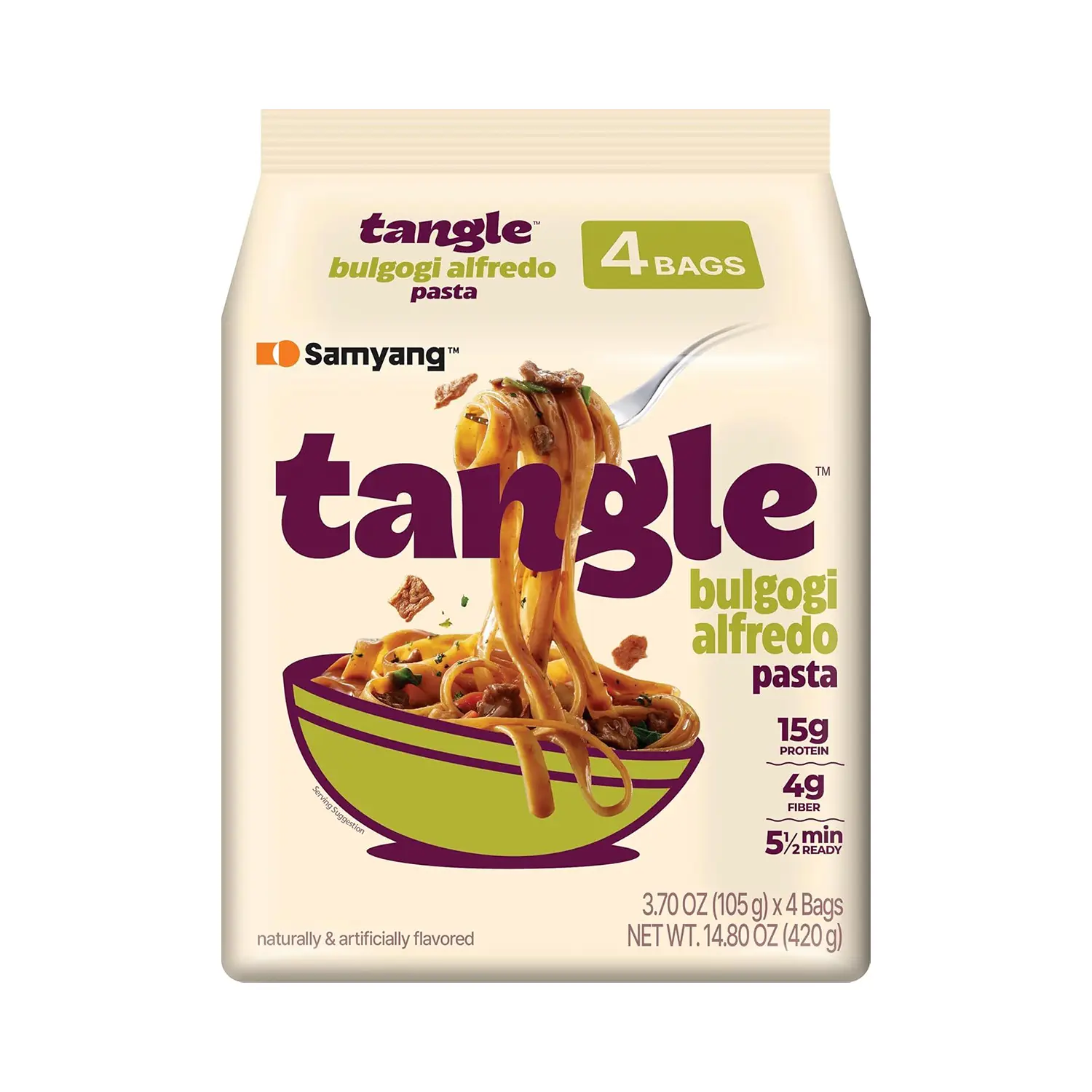 Tangle Bulgogi Alfredo Fettuccine Spicy Creamy Pasta Sauce Authentic Korean Flavor Air Dried Noodle Easy Cook Pasta 3.63 oz (Pack of 4)
