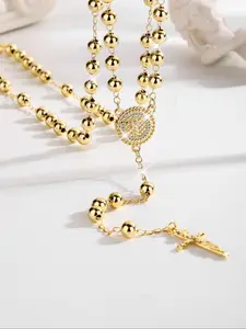 Elegant Hollow Saint Jude Beaded Necklace, Jesus Cross Pendant, 24 Inch + 6mm Round Beads, Perfect Holiday Gift Blessing, Copper Ankh Necklace