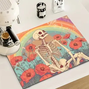 1pc Gothic Skeleton & Poppy Design Non-Slip Rubber Mat - Heat-Resistant Multifunctional Kitchen Countertop Drying Mat, Dishwasher & Washing Machine Cover, Absorbent Sink Protector with Rainbow & Skull Art for Coffee Makers