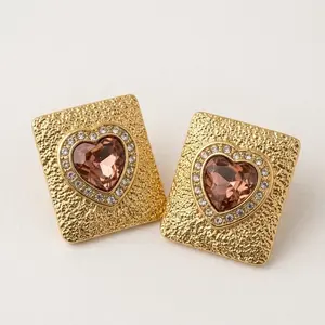 18K Gold Heart Gemstone Earrings – Vintage Square Textured Stud Earrings with Diamond Halo, Romantic Luxury Jewelry