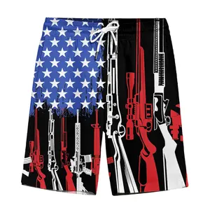 USAn Flag Gun Hawaiian Shorts, USA 250th Mens Patriotic Beach Vacation Swim Trunks Funny Party Shorts