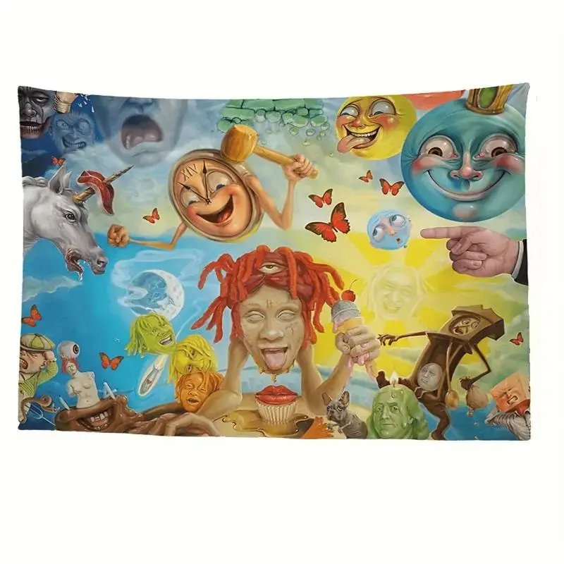 Festive Cartoon Faces Tapestry, Funny Printed Polyester Wall Hanging Flag, Cute Expression Room Decor for Bedroom Dorm Living Room