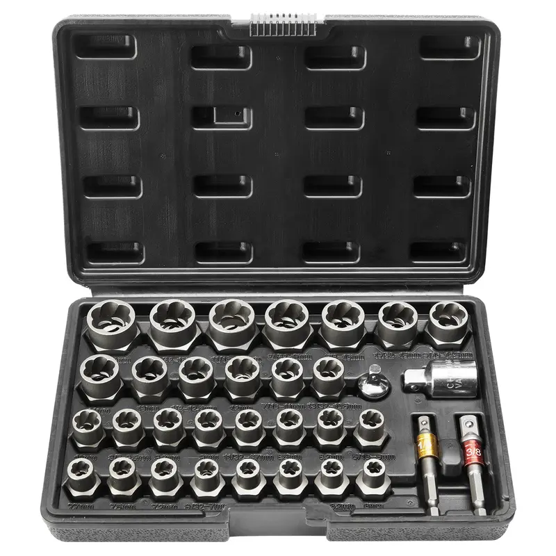VEVOR 29-Piece CR-MO Steel Bolt Extractor Drive Socket Tool Kit Set, Hex Top Anti-Slip Stripped Screw Remover, 6mm-10mm & 13/32"-3/4" Sockets, 3/8" & 1/4" Fit, 3/8" Tool Compatible, Storage Case for Car Repair, Mechanic Use, Drive Socket Set