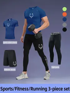 Men's Fashion Sport Set, Breathable Short Sleeve, Loose Shorts, Tight Pants, Wolf Head Print, Drawstring Pockets, Elastic Comfort, Gym, Running, Training