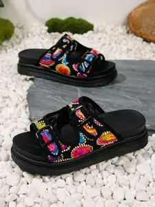 Ethnic Style Colorful Embroidered Thick Sole Boho Sandals for Women, Double Buckle Slip-On Shoes, Vintage Platform Outdoor Wear