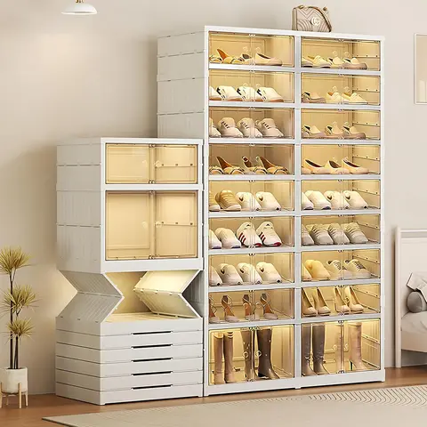 TikTokShopBlackFriday 9Tier 18 Shoes Organizer:Transparent,Closet Management Space-saving Home storage Smooth Boxes Collapsible Rack For Compact Spaces big rack shoe organizer Pet Plastic Multi-Layer Foldable Multicolor Springtok shoe rack organizer