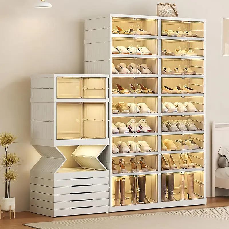 TikTokShopBlackFriday 9Tier 18 Shoes Organizer:Transparent,Closet Management Space-saving Home storage Smooth Boxes Collapsible Rack For Compact Spaces big rack shoe organizer Pet Plastic Multi-Layer Foldable Multicolor Springtok shoe rack organizer