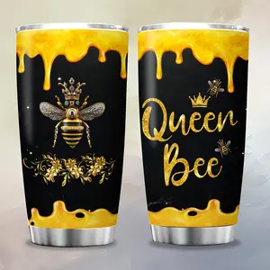1pc Queen Bee Tumbler, 20oz Stainless Steel Insulated Travel Mug, Bee Lover Gift For Women, Oval Shape, Hand Wash Only, Ideal For Christmas, Thanksgiving, Valentine's, Mother'S Day, Grandparents Day