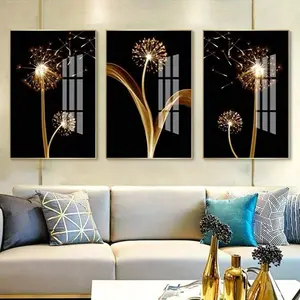 3-Piece Background Gold Dandelion Floral Print Wall Art Set, Luxurious Plant Posters for Bedroom & Living Room Decor, No Frame Indoor Decoration