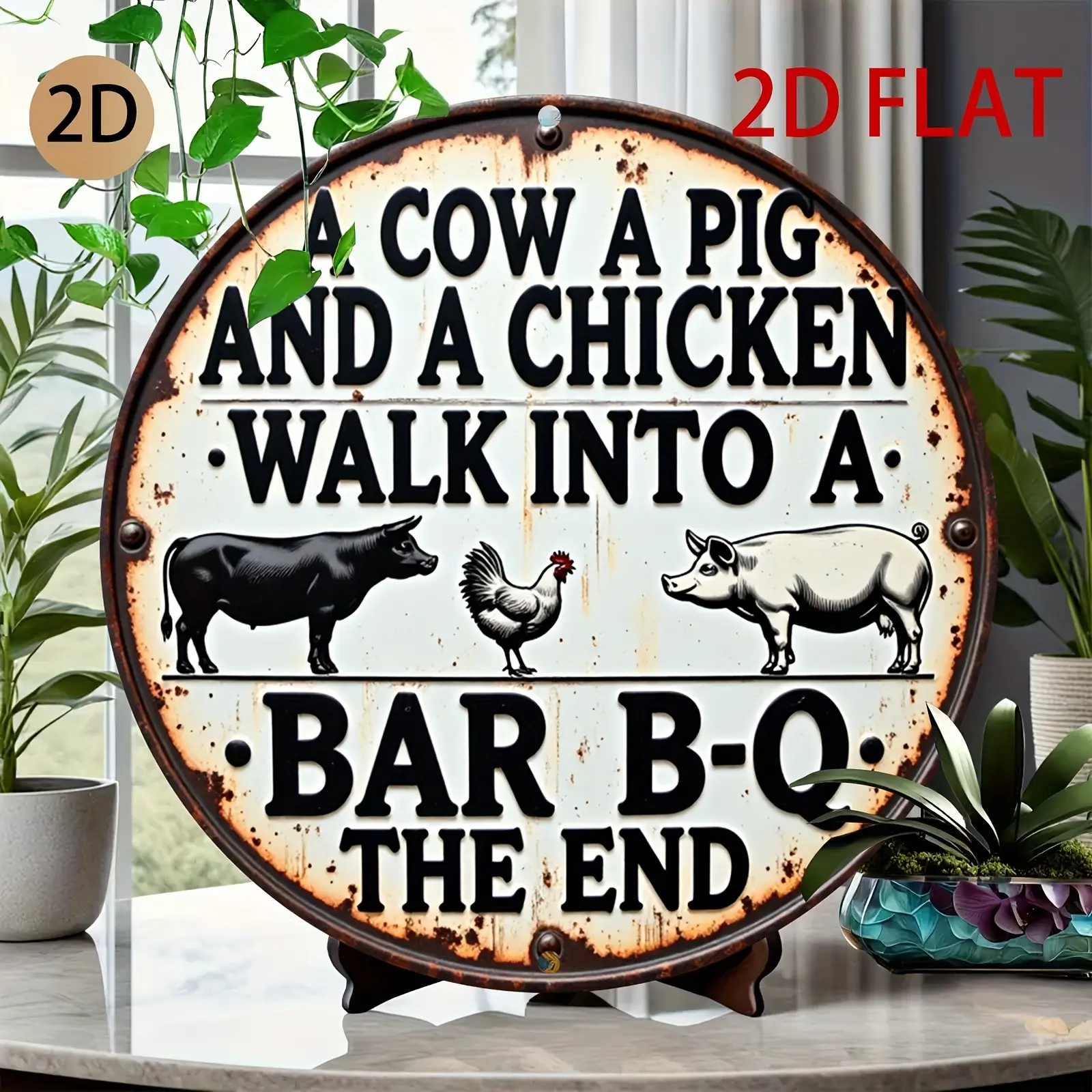 Multicolor Funny Retro Aluminium BBQ Metal Tin Sign - Cow, Pig & Chicken Round Plaque, Farmhouse Kitchen Decor, Barbecue Grill Accessory, Home Decor Gift