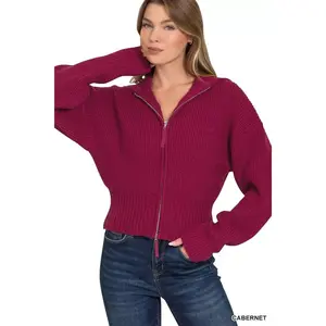 Zenana Ribbed Collared Zip Up Sweater Cardigan