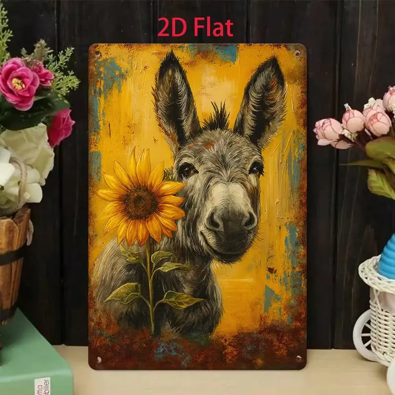 Vintage Donkey Sunflower Metal Tin Sign Distressed Rustic Yellow Textured Oil Painting Farm Animal Floral Wall Plaque, Rustic Farmhouse Kitchen Garden Country Ranch Wall Art Decor 8x12 Inch Hanging Sign Rustic Aged Donkey Farm Animal Metal Wall Decor
