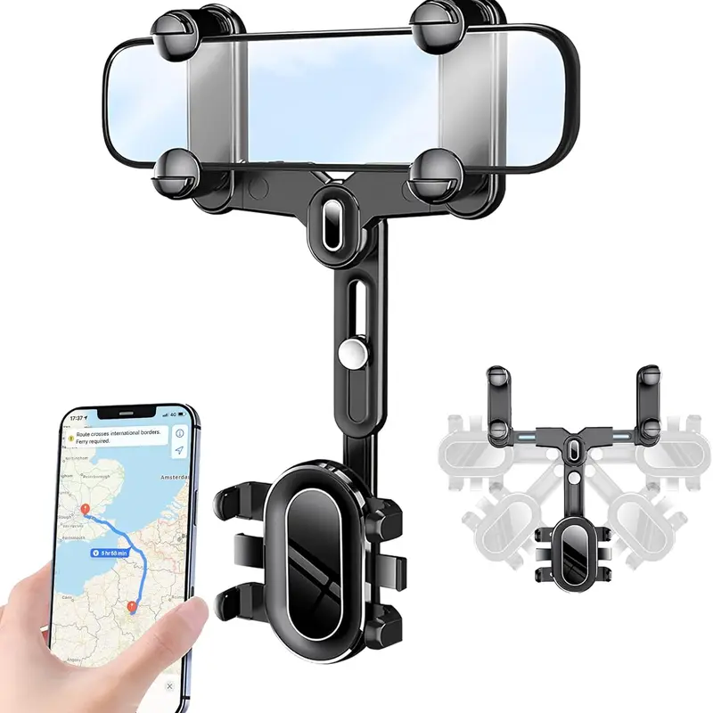 Rearview Mirror Phone Holder for Car, 360° Rotatable & Foldable Cell Phone Mount with Adjustable Extension Arm and 4-Point Grip, Vent-Free Dashboard-Free Navigation Holder for 4.0–7.1 Inch Smartphones