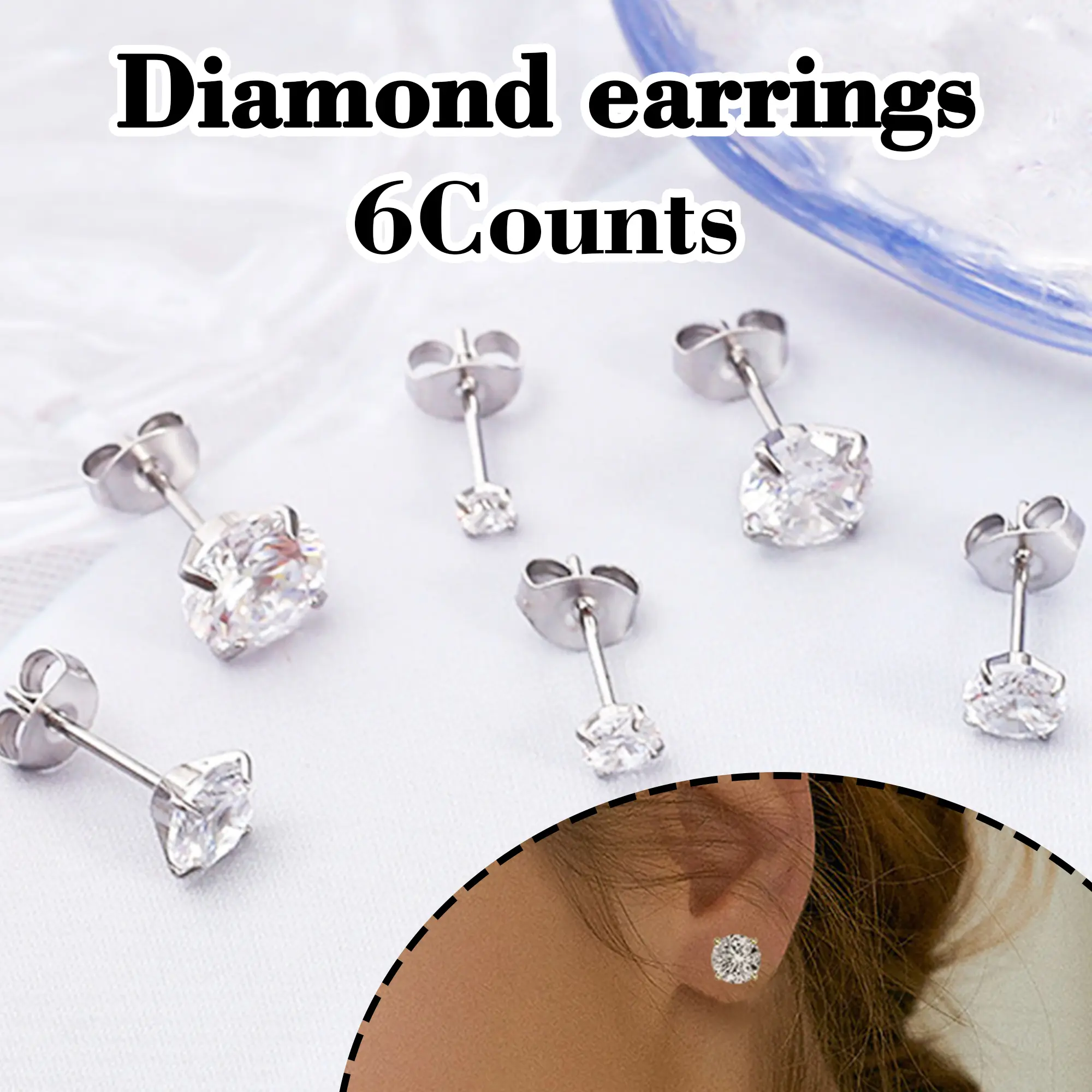 6 Counts Silver Stud Earrings, 3-8mm 316L Surgical Stainless Steel with Cubic Zirconia, Hypoallergenic Ear Studs for Sensitive Ears