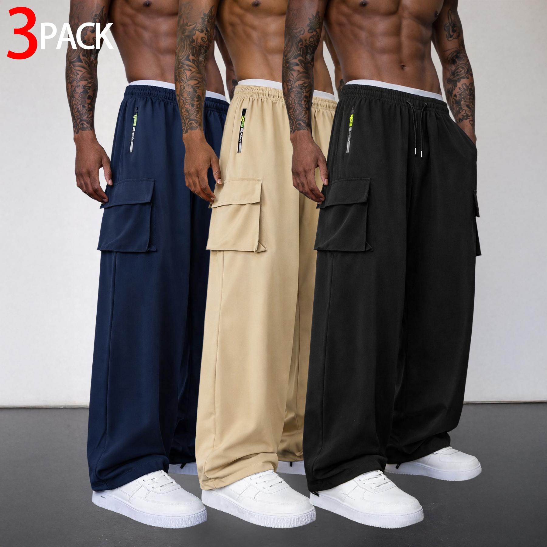 3 Pack Mens Cargo Pants Baggy Wide Leg Drawstring Trousers with Zipper Pocket and Flap Pockets Loose Fit Streetwear Utility Pants for Daily Wear Travel Commuting Skating Outdoor Casual Workwear Inspired Outfits
