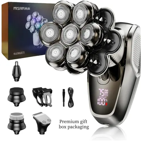 Bald Men's 7D Electric Rotary Shaver Grooming Kit - 5-in-1 with 7 Floating Roundheads, 7 Blades, Stainless Steel Head, Magnetic Detachable Design/Cleaning, IPX7 Wet & Dry, LED Display, USB-C Rechargeable Battery, 7500 RPM, Smooth Shave, Storage Case