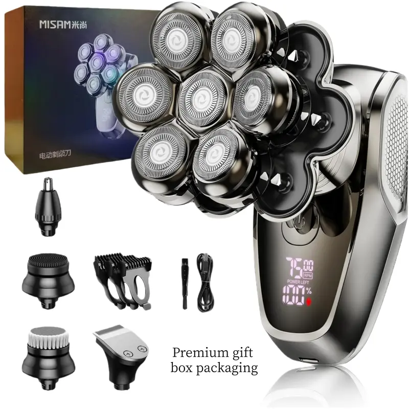 Bald Men's 7D Electric Rotary Shaver Grooming Kit - 5-in-1 with 7 Floating Roundheads, 7 Blades, Stainless Steel Head, Magnetic Detachable Design/Cleaning, IPX7 Wet & Dry, LED Display, USB-C Rechargeable Battery, 7500 RPM, Smooth Shave, Storage Case
