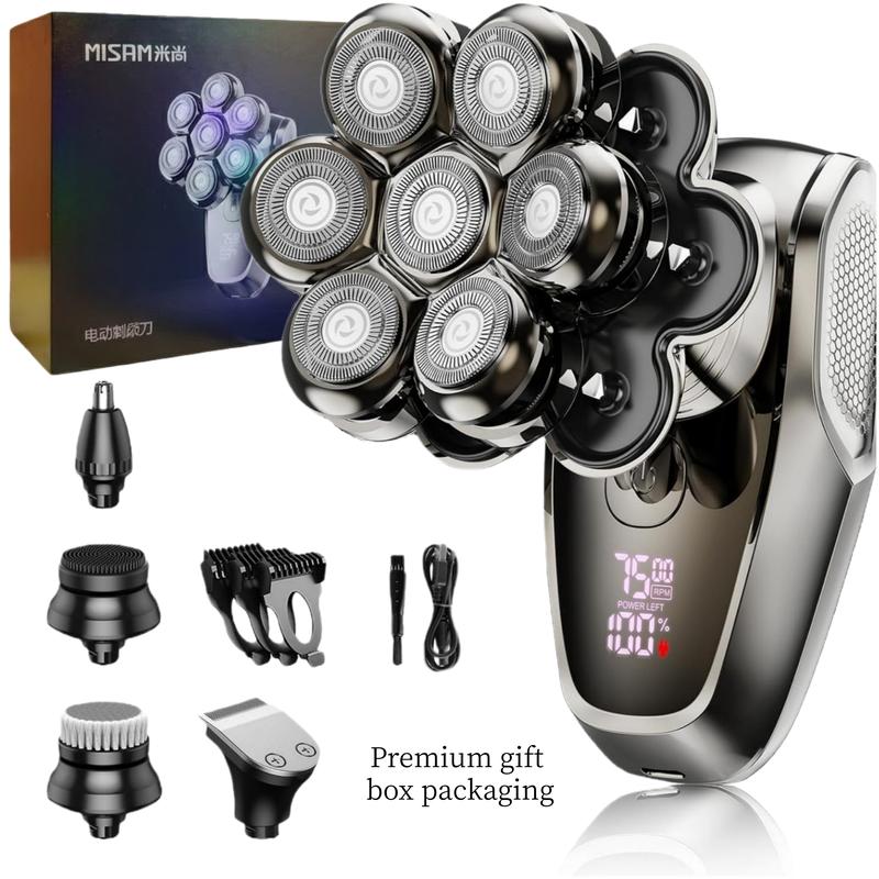 MISAM Pro Max 7,500 RPM 7D Magnetic Head Shaver for Bald Men IPX7 Waterproof Quick Charge Grooming Kit 6-in-1 LED Display Type-C Rechargeable Easy-Clean Detachable Heads