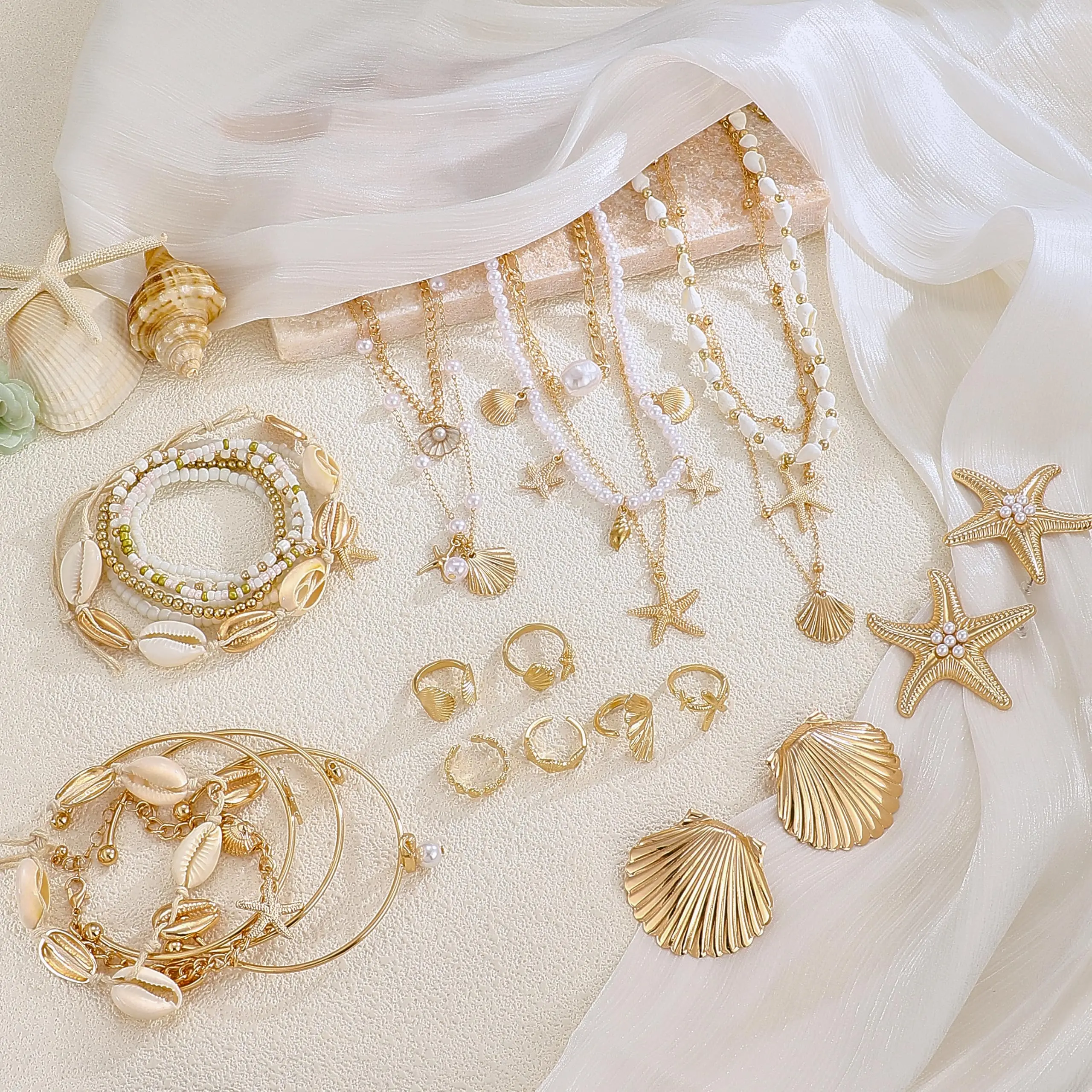 32PCS Starfish Seashell Jewelry Set for Women | Layered Necklace Bracelets Set | Stackable Shell Starfish Rings | Stud Earrings & Pearl Jewelry Set | Beach Vacation Accessories | Summer Fashion Jewelry | Pearl Earrings | Gift for her|