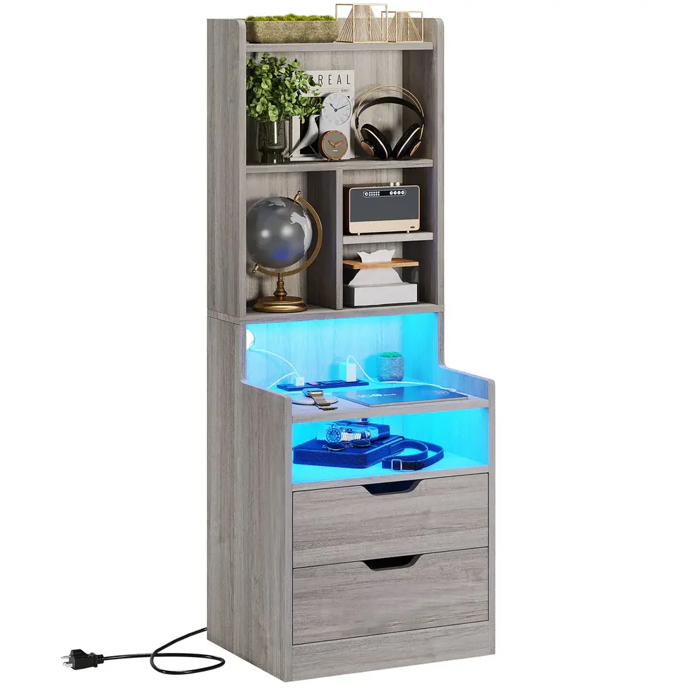 SIKAIC Modern Grey Tall Furniture Nightstand - LED Lighting, Charging Station, Storage Drawer, Modern Night Stand for Bedroom Indoor Cupboards & Cabinets