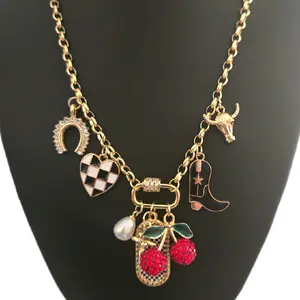 Charming Western Charm Necklace with Cowboy Boot, Heart, and Cherry Pendants Gold Chain Fashion Jewelry