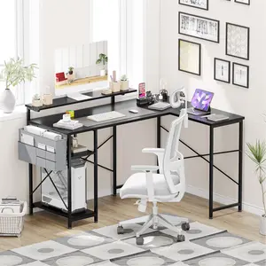 54 inch Reversible L Shaped Desk, Small Gaming Desk, Corner Computer Desk with Storage Shelves, Power Outlets, Monitor Stand, and LED Lights for Home Office, Bedroom(Black)
