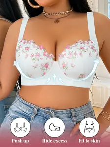 Women's Plus Size Lace Steel Ring Lifting Floral Embroidery Everyday Bra, Elegant, Comfortable Soft Fabric, All-Seasons Wear, Adjustable Strap, Balconette Style, Lace Bras
