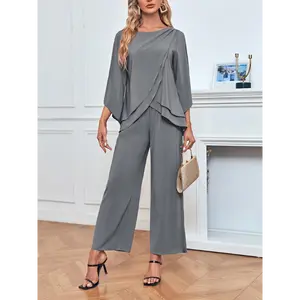 Women's Chiffon 2 Pcs Mother Of The Bride Pant Suits Asymmetrical Hem Tops And Pants Wedding Party Prom Outfit