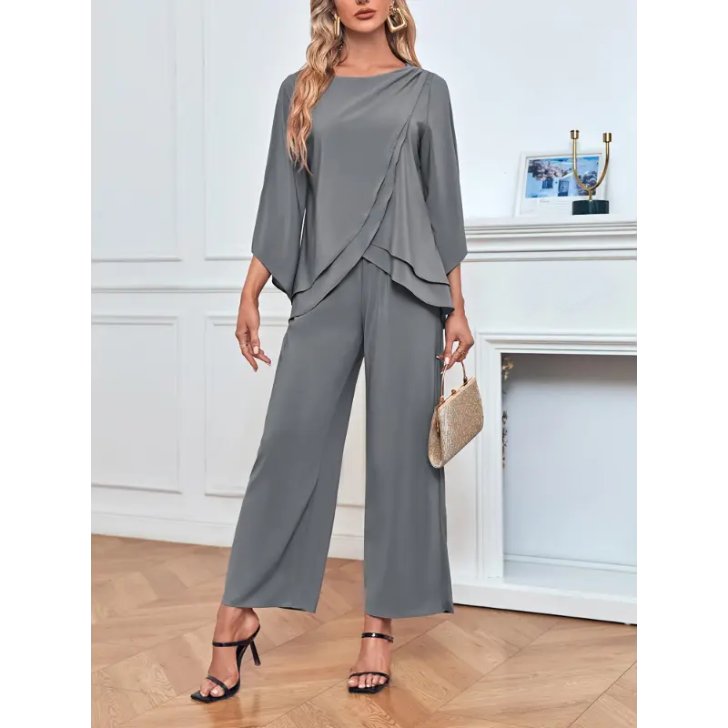 Women's Chiffon 2 Pcs Mother Of The Bride Pant Suits Asymmetrical Hem Tops And Pants Wedding Party Prom Outfit