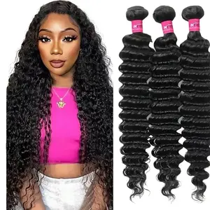 Unisex Long Thick Loose Deep Wave Virgin Brazilian Human Hair Bundles, Real Hair Extensions with Double Weft, 1/3/4 Bundles Quick Weave Options