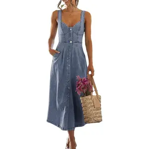 Loveimgs Women's Button-Front Denim Dress — Stretchy, Pleated, Sleeveless Babydoll Silhouette (Mid-Length)