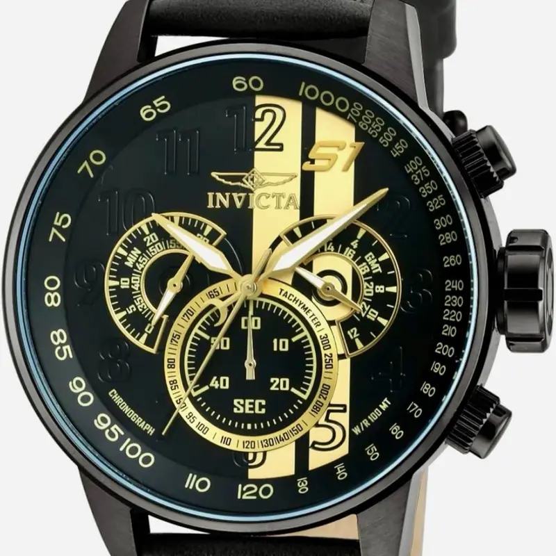 Invicta Men's High Quality Quartz Watch - Black & Gold - Genuine Leather Band