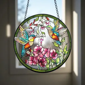 Hummingbird Suncatcher with Vibrant Flower Stained Glass/Decorative Window Hanging for Nature Lovers/Ideal Gift for Mom/Grandma/Bird Fans