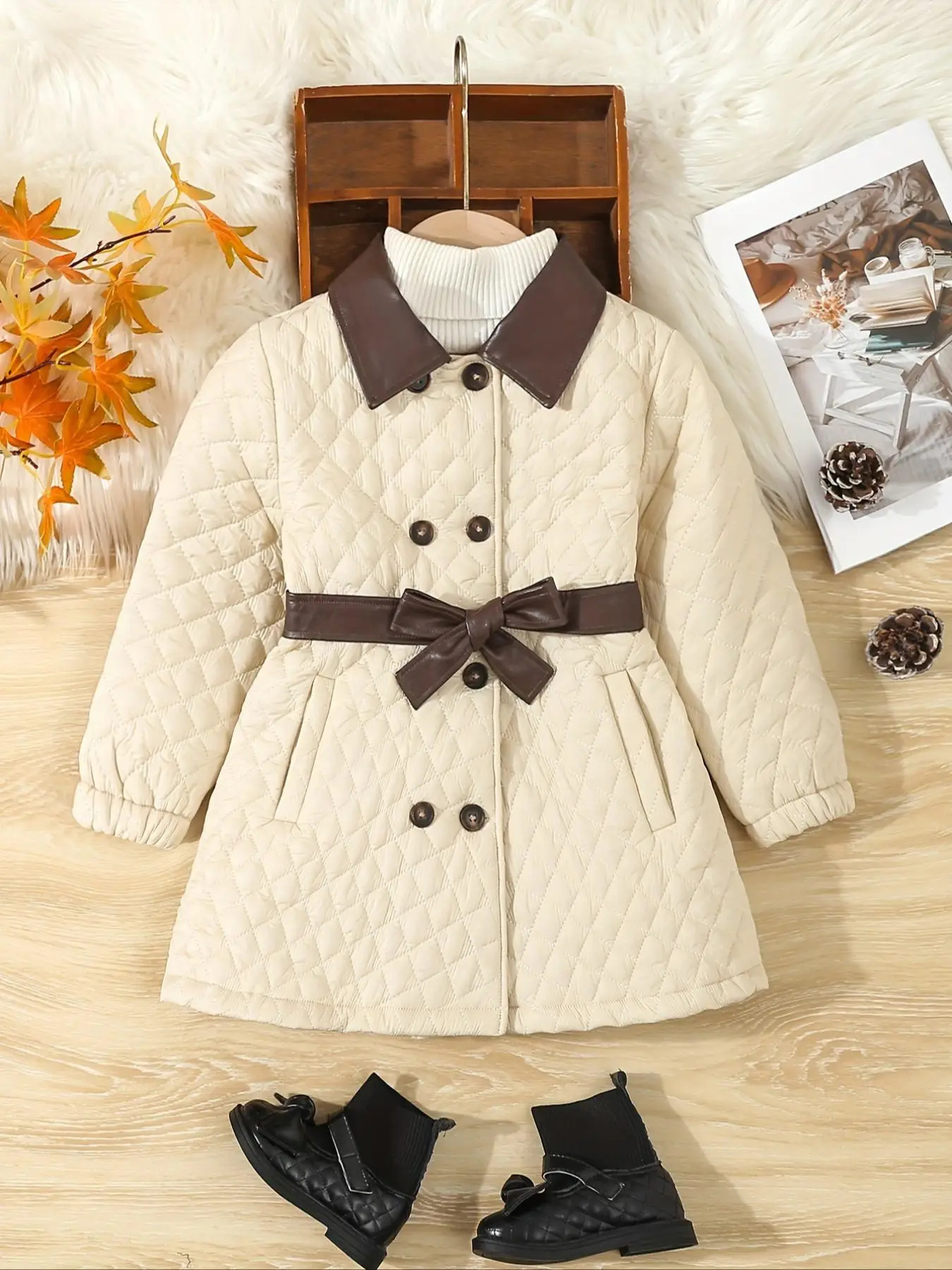 Girl's Double Button Belted Coat, Elegant Fashion Long Sleeve Collared Outerwear for Daily Outdoor Wear, Girls Clothing for Fall & Winter