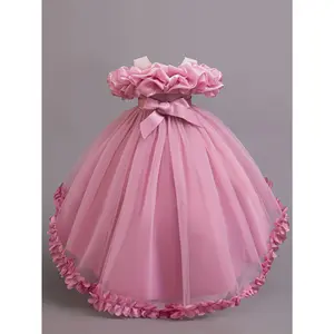 Elegant Pink Tulle Princess Dress for Girls - Sleeveless, One-Shoulder, Floral Embroidery, Ruffled Hem, Perfect for Birthdays, Parties, and Performances, Party Dress | Ruffled Hemline | Elegant Design, Little Girl Dress