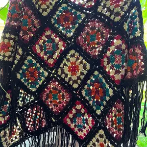 Women's Colored Plaid Flower Hand Crochet Poncho with Lacing Up Hem and Tassel Long Sweater Knitwear - Cardigans, Womenswear Knitting Comfort Lady Tops