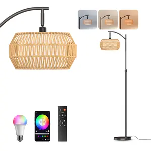 DEMILARE Bohemian Y/Fishing  Floor Lamp, Rattan LED Sofa Lamps, Tri-Color Temperature Adjustable High Lamp with Foot Switch and Remote Control Arc Floor Lamp for Living Room,  Office Dimmable RGB Bulb Included, Jumpstart newyear