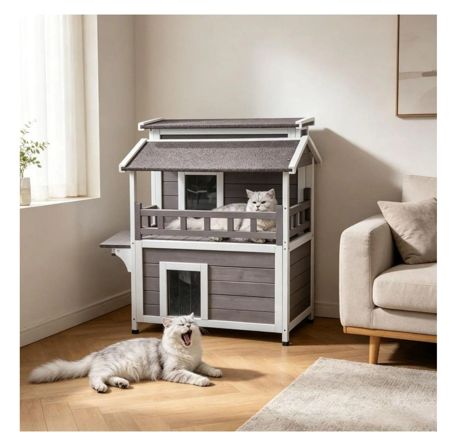 Outdoor Cat House Wooden - Waterproof Cat Shelter for Feral Cats, 2-Story Catio with Balcony & Easy Clean Design - Small Animal House for Outdoor Use default title
