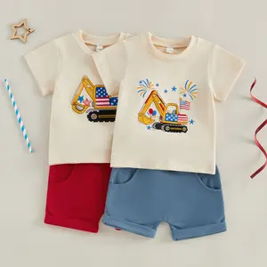 Babamoon Toddler Baby Boys 4th of July Outfits Set Excavator Firework Embroidered Short Sleeve Tops T shirt and Shorts 2Pcs Clothes Set