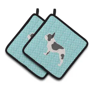 Carolines Treasures  French Bulldog Checkerboard Blue Pair of Pot Holders