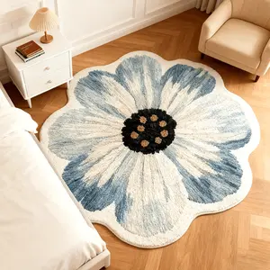 1pc French Floral Bay Window Pink Plush Rug flower pattern rugs Floral Area Rug Blue Fluffy Soft Bedroom Decoration Bedside Carpet Ins Romantic Style Living Room Sofa Carpet Irregular Shape Home Cloakroom Washable Non-slip Floor Mat