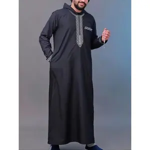 Men's Ethnic Pattern Embroidery Zipper Hooded Robe, Traditional Long Sleeve Pocket Jubba Thobe for Daily Wear, Men's Islamic Clothing for All Seasons