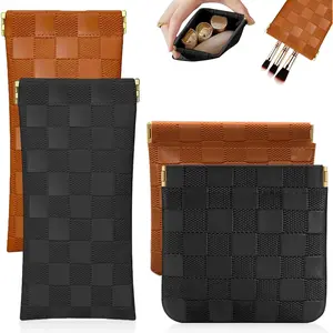 4 count Small Makeup Bag for Purse, Mini Checkered Leather Purse Pouches for Purse Small Makeup Pouch Small  Purse Organizer Pouches, Portable No Zipper Pocket  Bag for Women (Black, Brown)