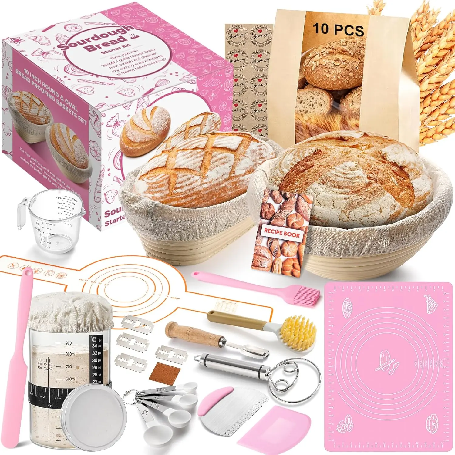 17 PCS Sourdough Starter Kit, Bread Baking Supplies Set with 34 Oz Glass Starter Jar Banneton Proofing Basket for Beginners