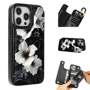 Beautiful Art Black and White Floral Pattern Leather Card Holder Phone Case, Suitable for iPhone 17 Air/16 Plus/15 Pro Max/14 Pro/13/12/11/XS Max/X Phone Case, Ideal Gift for Christmas for Family, Friends, Lovers, Boyfriend, Girlfriend